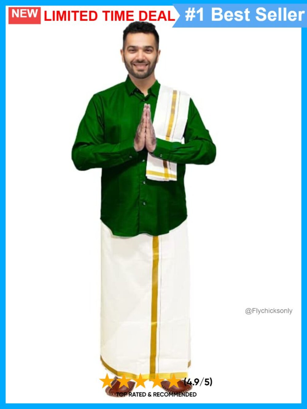 100% Cotton Hand-Woven Dhoti Veshti Mundu with Golden Zari Border